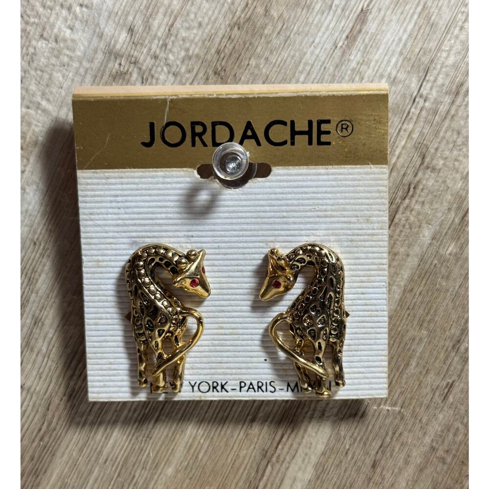Vintage 1980s Jordache Silver Tone Giraffe Clip-On Earrings With Jeweled Eyes